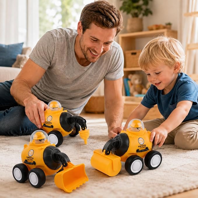 Press and Go Construction Truck Toys, 4 Pack Vehicles for Toddlers | Includes 4 yellow construction vehicles; movable front arm; for sandbox, floor play, and gift moments.