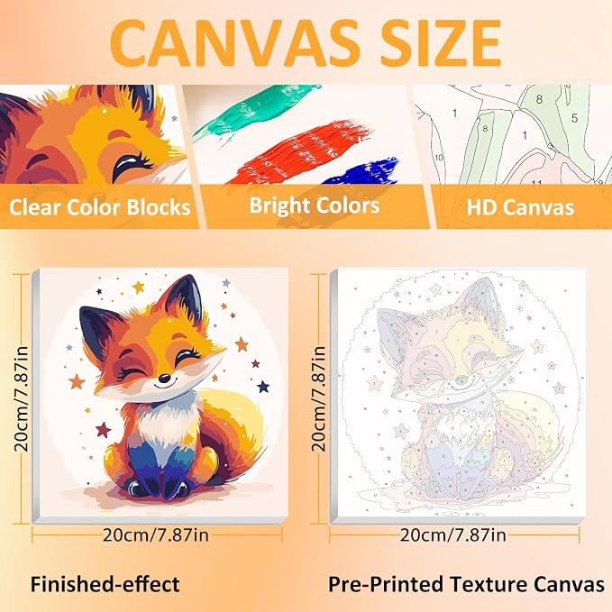 Paint by Numbers Kit for Kids with Frame, Fox Paint by Numbers for Kids Ages 4-8-12, DIY Fox Acrylic Oil Painting for Home Wall Art Decor Gift 7.8x7.8 inch (with Frame Easel)