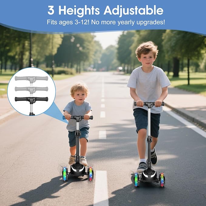 Electric Scooter for Kids Ages 3-8, 3 Wheels Electric Scooter, Electric Kick Scooter with 2 Speeds, Long Battery Life, Flashing LED Wheels, Adjustable Height, B2 with Bluetooth Music for Boys/Girls