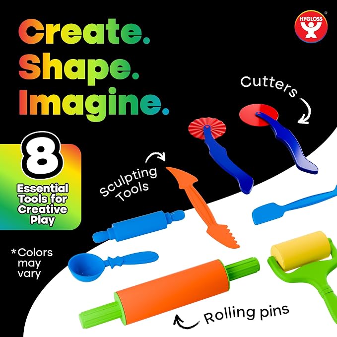 Hygloss Dough Cutters – 8 Pc Set of Dough Tools for Toddlers and Kids Age3+Includes Rollers and Rolling Pins–Preschool Toys & Accessories for Modeling Clay or Sand–Toddler Activities for Kids Ages 3-5
