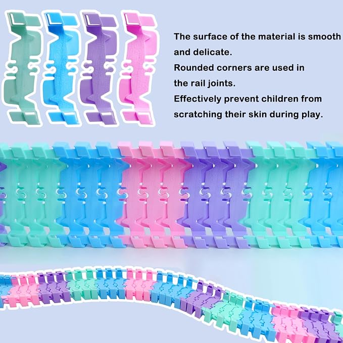 96 PCS Flexible Tracks Race Tracks Supplementary Set -4 Colors Magic Road Race Tracks Toys, 360° Rotating Flexible Train Track