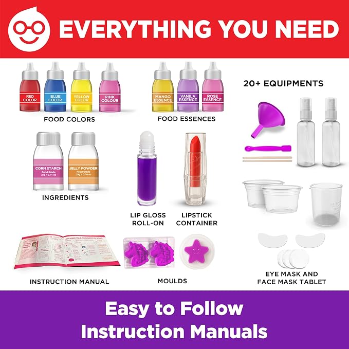 Doctor Jupiter Glam Science, DIY Makeup Craft Kit for Girls Ages 6+ | 50+ Beauty Recipes - Make Your Own Makeup, Perfume, Lip Gloss, Bath Bomb| Birthday Gift Ideas for 6-7-8-9-10-11-12 Year Olds