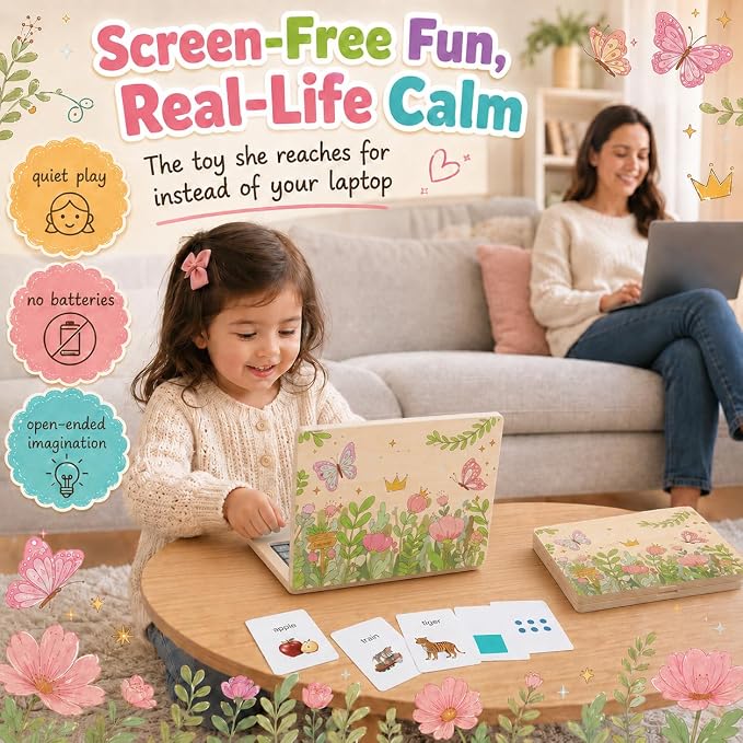 Montessori Toys 4 Year Old Girl Birthday Gifts 11.8" Floral Laptop, Homeschool Essentials, Educational Learning Pretend Play, Toddlers Toys, Customized Flashcards Learning
