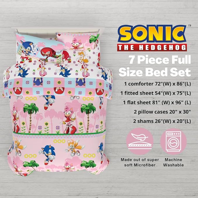 Sonic The Hedgehog Amy Rose Girls Bedding Super Soft Reversible Microfiber Comforter and Sheet Set with Sham, 7 Piece Full Size, (Official Licensed Product) By Franco Kids
