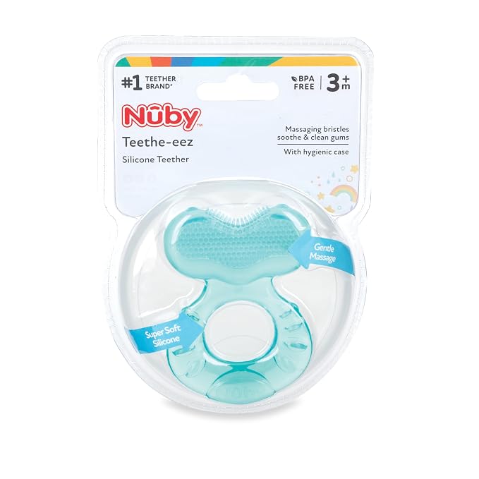 Nuby Teethe-EEZ Baby Teether with Soothing Bristles & Travel Case - Silicone Teether for Babies - 3+ Months - Aqua