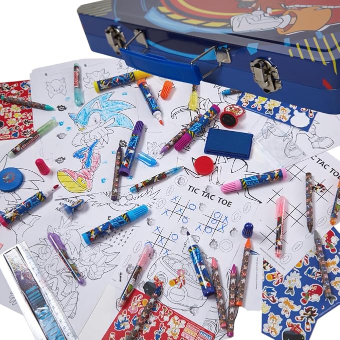 Sonic the Hedgehog Deluxe Activity Set, Carrying Tin & Art Supplies for Kid | 200+ Piece Art Set with Sonic Coloring Pages, Sticker Book, Markers, Crayons, Storage Tin, Knuckles, Shadow, Tails, Echidna