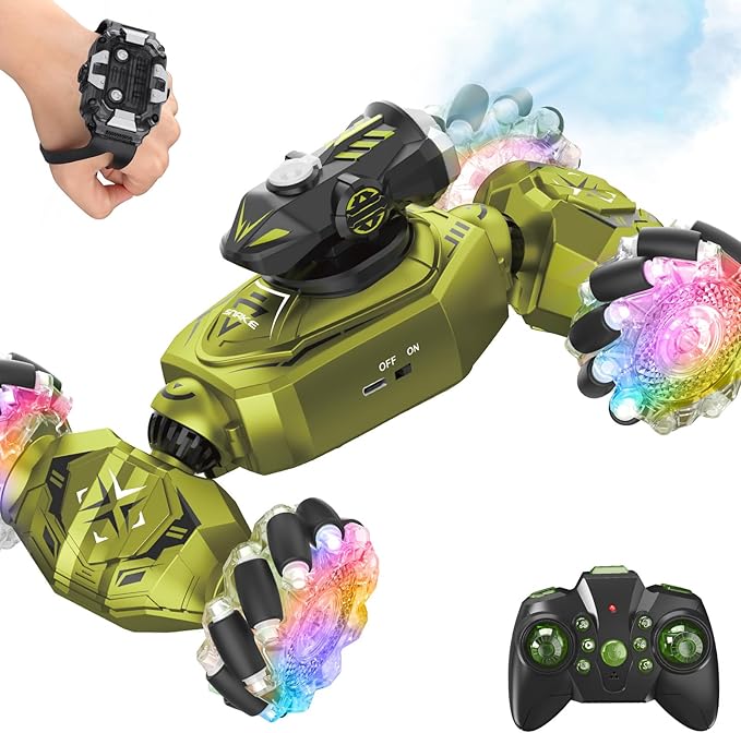 Gesture Sensing Remote Control Car, RC Cars Toys for Boys Age 6-12, 4WD Hand Controlled Twist & Transform 360° Spins Stunt Car with Mist, Light & Music, 8-10 Year Old Boys Birthday Gift Green