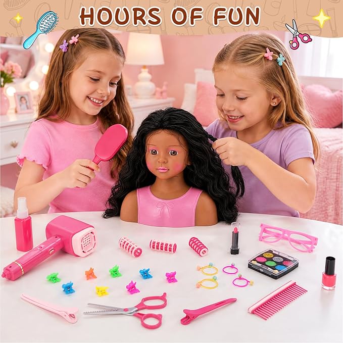 Doll Head for Hair Styling Makeup Kids, Pretend Play Hair Salon Toys for Girls with Hairdryer Accessories Real Lipstick Makeup Palette, Black Princess Birthday Gifts for 3 4 5 6 7 8 Years Old