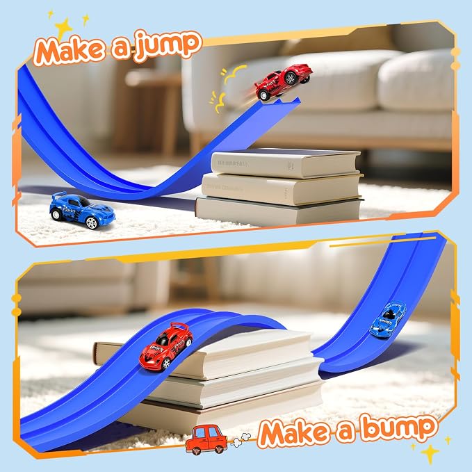 KETIEE Flex Tracks 16 Ft for Kids, Flexible Race Car Ramp Track with 2 Small Racecars and 4 Suction Cups Compatible with Diecast 1/64th Cars,Rolls Up Portable Racetrack for Ages 3 & Up