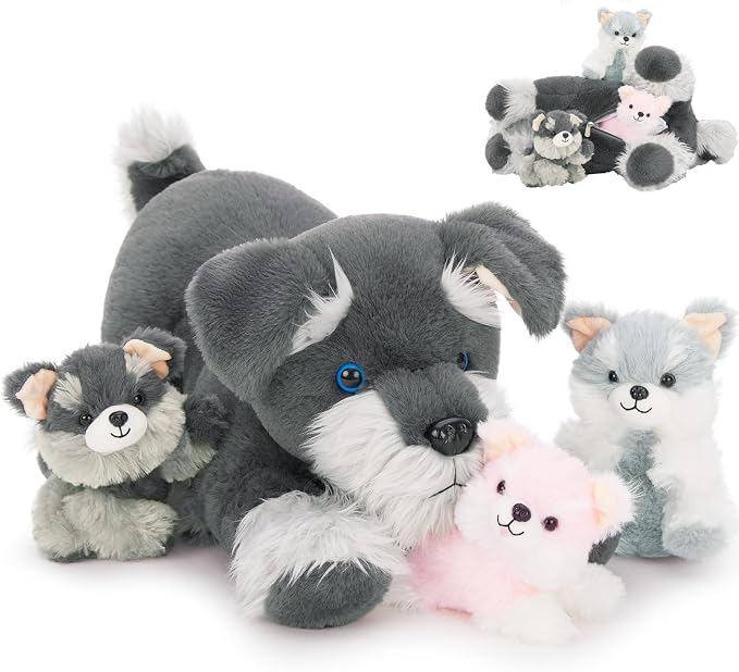 MorisMos Plush Schnauzer Dog Stuffed Animal with Babies, 20'' Big Mommy Dog with 3 Baby Puppy Toys for Kids, Xmax Stuffed Schnauzer Dog Toys for Girl Boy, Lifelike Dog Gifts for Christmas Birthday