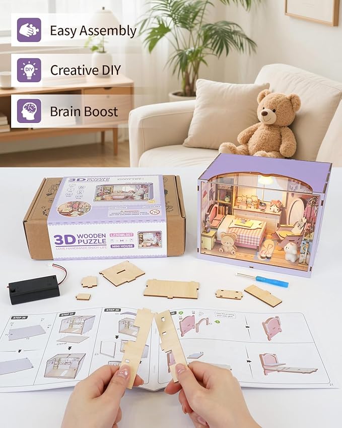 DIY Miniature House Kit-Bedroom, 3D Wooden Puzzles with LED Light Tiny House Mini House Building Kit for Adults, Wooden Adults Crafts Home Decor Gifts for Parents Friends