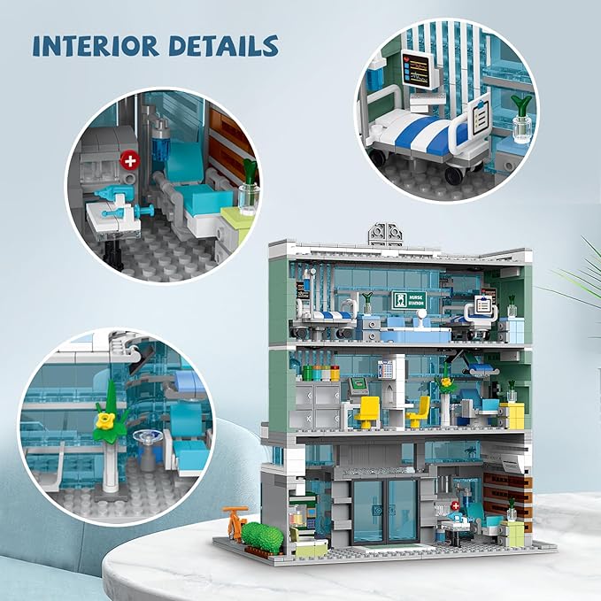 NEWABWN City Hospital Building Set Compatible with Lego, 1350 Pieces Modular 3-Story Medical Center with LED Lighting, Building Set for Adults and Kids Ages 10+, Gift for Boys and Girls