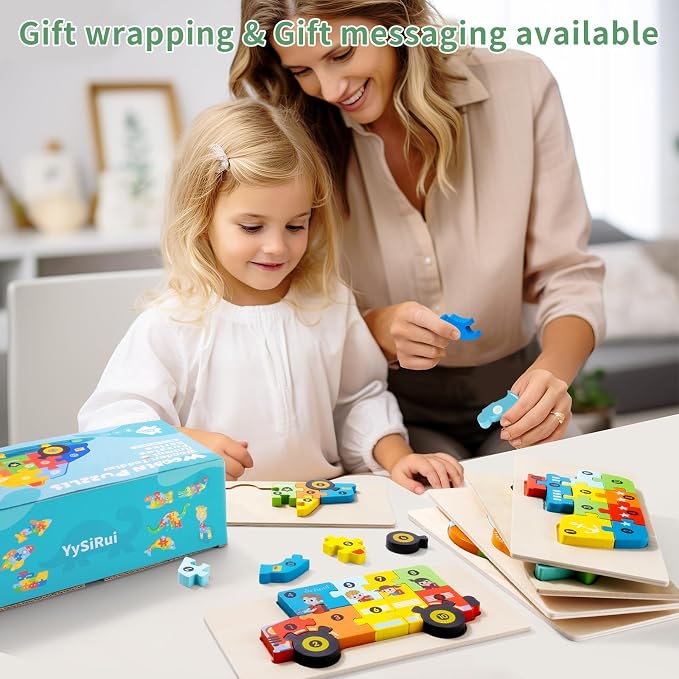 Wooden Puzzles for Toddlers Ages 3-5, 6 Pack Montessori Transportation Vehicle Toys with Numbers 1-10, Educational Preschool Learning Toy, Birthday Gift for 3 4 5 Year Old Boys & Girls (60 Pieces)