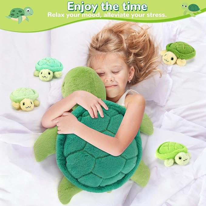 gnomantic Turtle Stuffed Animals with Babies Inside, Mommy Toy for Kids | 5-Piece set: 1 mommy turtle + 4 baby turtles inside. Unzip belly to reveal surprise babies. Ultra-soft, ages 3-8.