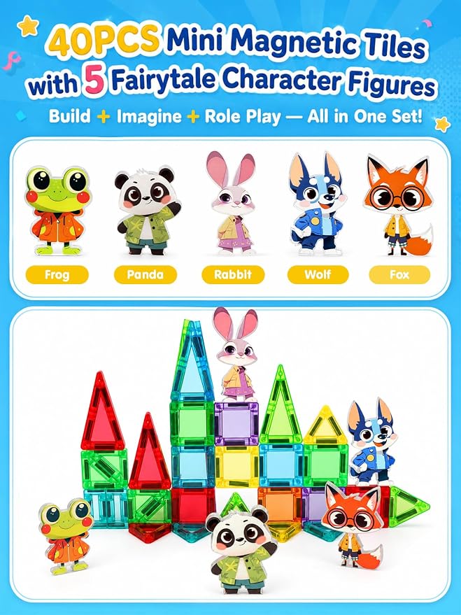 45PCS Mini Magnetic Tiles for Kids Ages 3-8, Travel Magnetic Building Blocks Set with 5 Cartoon Animal Figures, STEM Toys for Boys Girls, Portable Tin Case, Rabbit Panda Frog Fox Wolf