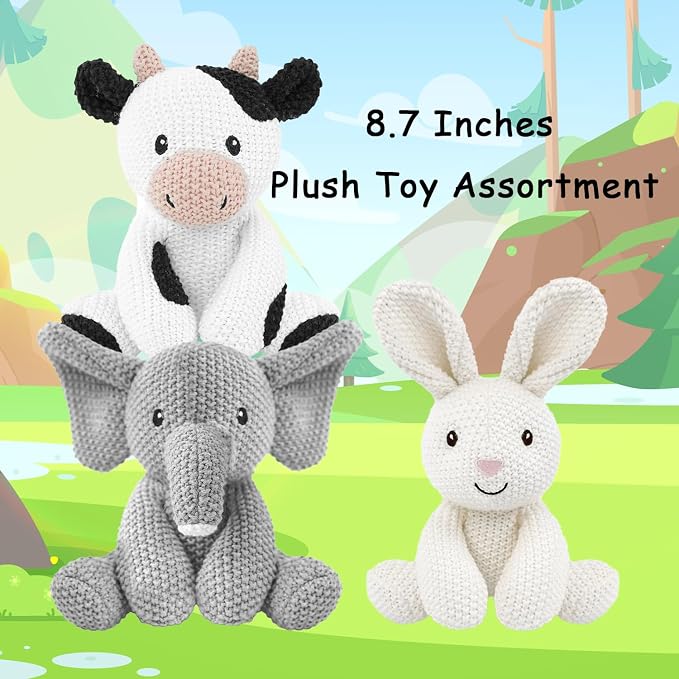 3Pcs Kids Stuffed Animals Toys 7-8" Knitted Crochet Bunny Plush Cute Elephant Cuddly Cow Cotton Animal Plush Toy Set Gift for Girls Boys and Babies, Christmas, Easter