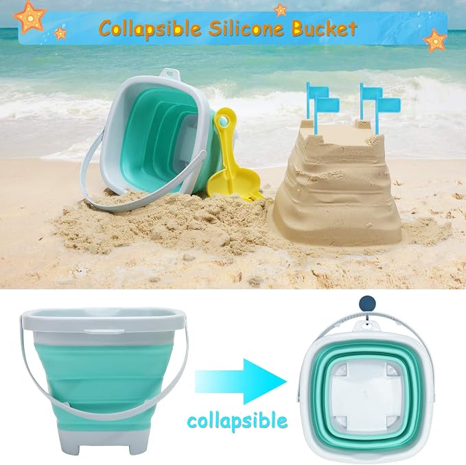 RACPNEL Beach Toys Sand Set for Kids, Collapsible Bucket and Shovels with Mesh Bag, Molds, Flags, Sandbox Kids Toddlers, Travel (Tavel Size)