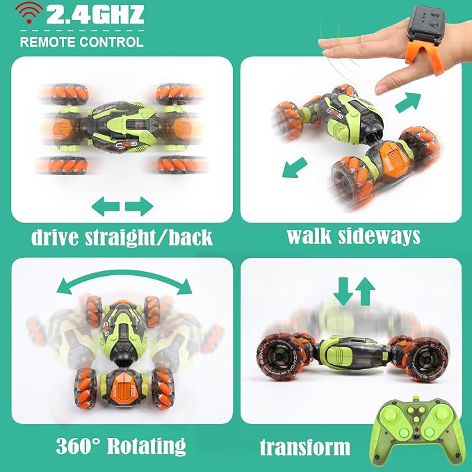 FUNiOi Gesture Sensing RC Stunt Car - Remote & Hand-Controlled Drift Toy for Kids Ages 5-7 6-8 9 10 11 12 Year Old, 4WD, Double-Sided Driving with Lights & Music