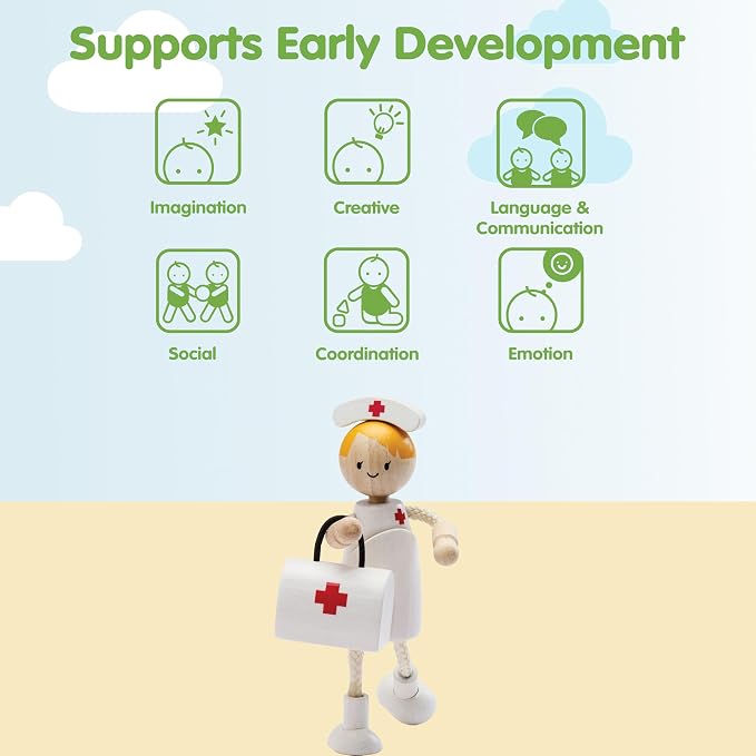 PlanToys® Wooden Nurse Doll | Poseable 1:12 Scale Character Figure for Dollhouse Play, Caregiving & Social Interaction | Eco Friendly Montessori Pretend Play Figure