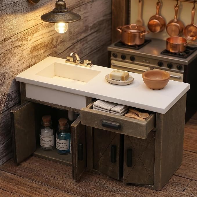 Dollhouse Furniture 1/12 Scale Miniature Sink Cabinet Wooden Bathroom Vanity Cabinet with Openable Drawer and Doors (Gray)