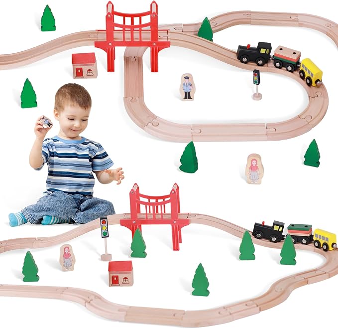Wooden Train Track Set, 39Pcs Toddler Railway Bridge Toy Train Set with Magnetic Trains, Birthday Gift Ideas for Kids Boys and Girls Compatible with All Major Brands