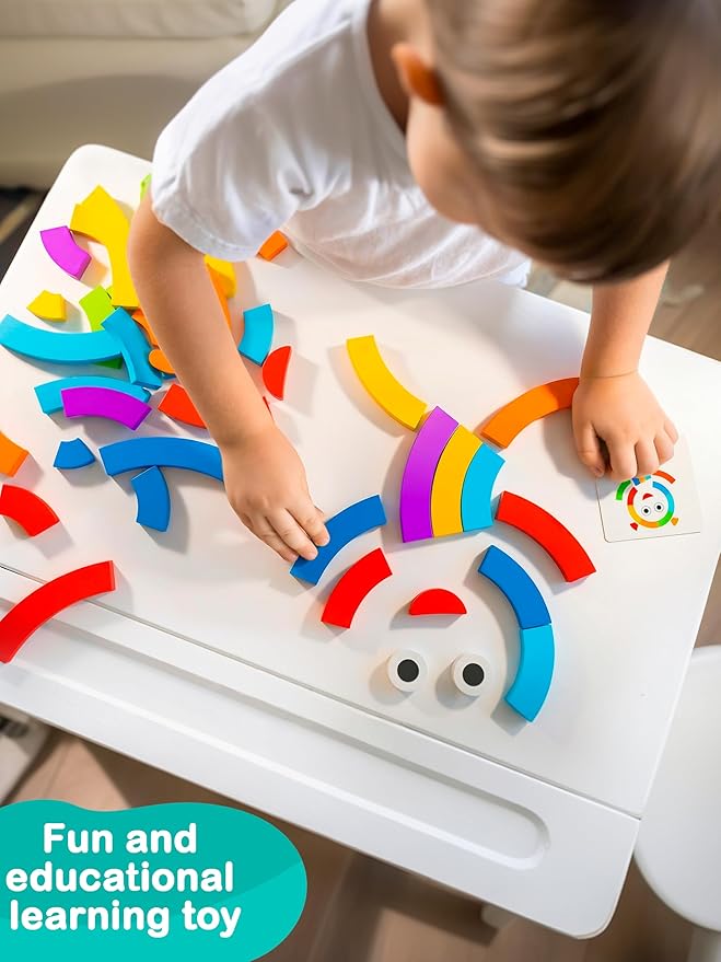 Preschool learning activities Montessori toys – rainbow wooden pattern blocks tangrams color sorting stacking educational games for kids fine motor skills baby girls and boys for 3 4 5 years old (XL)