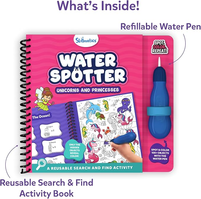 Skillmatics Reusable Search & Find Book – Water Spotter, Mess-Free, Fun Learning Activity, Unicorns & Princesses, Travel Toy, Gifts for Kids Ages 4, 5, 6, 7, 8