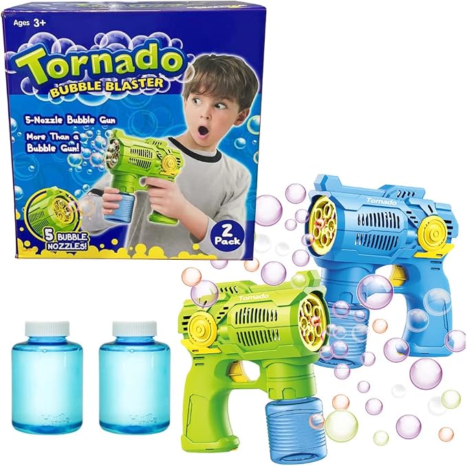 2-Pack Bubble Gun Set with Batteries – Automatic Bubble Blower Toys for Kids & Toddlers | 1 Blue + 1 Green Bubble Shooter with Solution Included | Outdoor Fun & Ready to Play