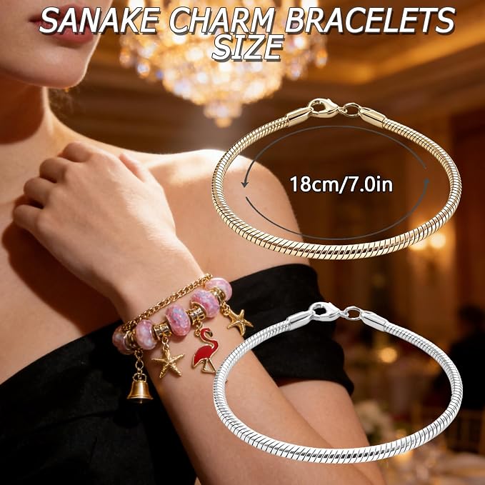 Exway 20 Pcs Snake Charm Bracelet Chain 7.0 Inch Gold and Silver Charm Bracelet Kit Snake Chain Bracelets Chain for Christmas DIY Women Jewelry Making Gifts