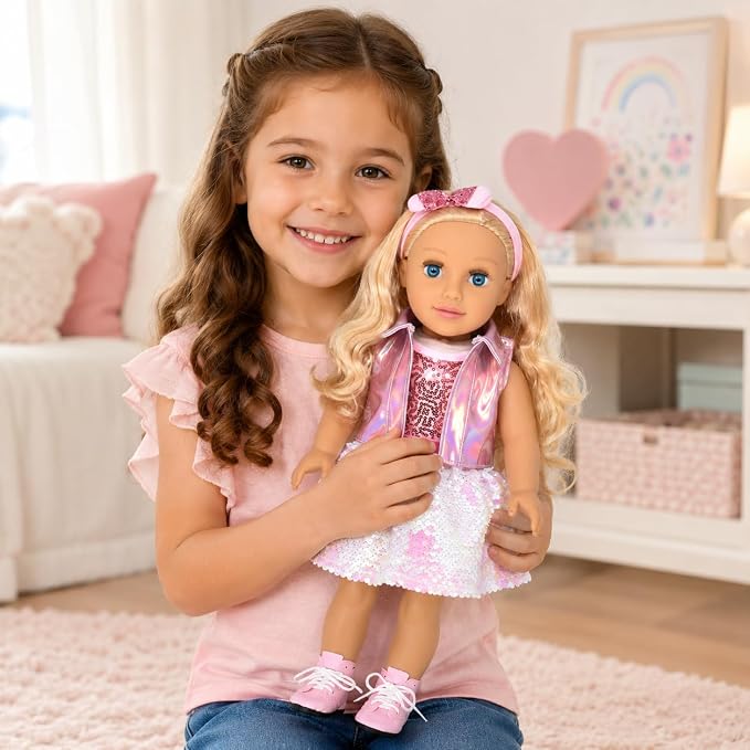 Dolls To Play 18 Inch Girl Doll, Fashion Doll with Fine Blonde Long Hair for Styling, Blue Eyes, Pink Sequin Dress, Shoes, Handbag, Clothes and Accessories Princess Doll for Kids
