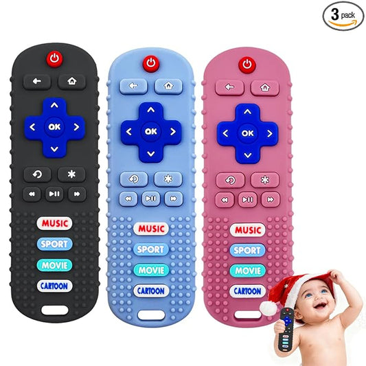 3 Pack Remote Control Shape Silicone Teethers for Babies Chew Toys, Teething Toys for Infant Toddlers,Baby Remote Control Toy (Black&Blue&Pink)