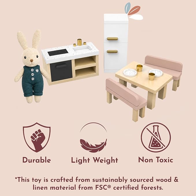 SPEEDY MONKEY Doll House Kitchen Playset with Bunny – Miniature FSC Wooden Kitchen Furniture Set – Dining Table, 4 Chairs, Fridge & Accessories – Pretend Play Doll House Decor Toy for Kids & Girls