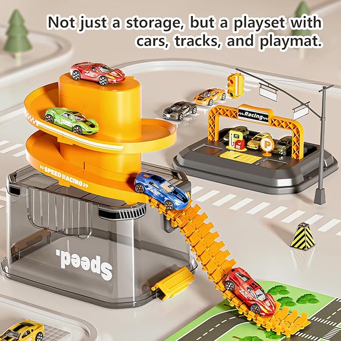Toy Car Track Storage Playset - Toddler Toys for Ages 3-4, Car Track Set Including 12 Diecast Cars, PlayMat, Race Tracks, Car Ramp, Kids Birthday Gift for 3 4 5 6 Year Old Boys