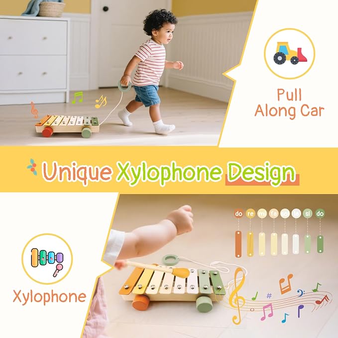 Pajojoqa 7pcs Musical Instruments Set 18M+ Montessori Toys 2 3 4 Neutral Colors Wooden Toys for Toddlers 3-5 Percussion Instruments Modern Boho Xylophone Sensory Gifts Boys Girls