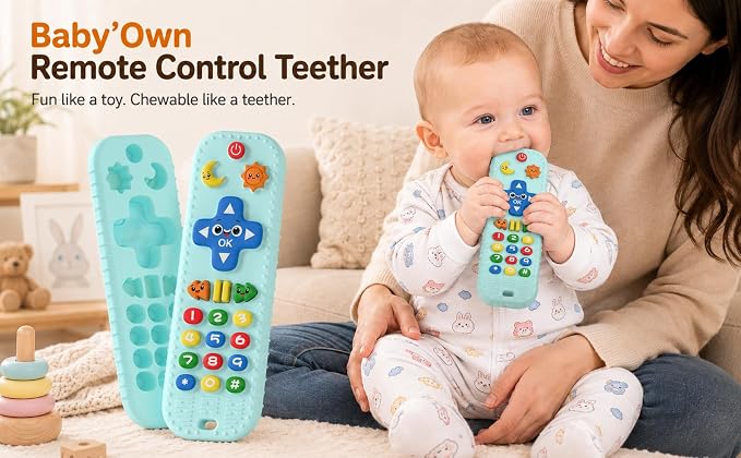 Baby Teething Toys Silicone Baby Remote Teether Over 3 Months - Baby Essentials Sensory Chew Toys - Baby Teether for Teething Relief - BPA Free Infant Toys Baby Shower Gifts (1, Blue)