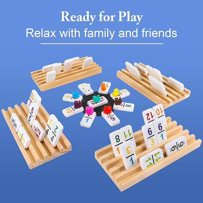 Mexican Train Dominoes Set Double 12 with Numbers, Dominoes Set for Adults and Family, Mexican Train Double 12 Numbers Dominos Set - 91 Tiles, 9 Trains, 8PCS Wooden Holders, Hub, Instruction
