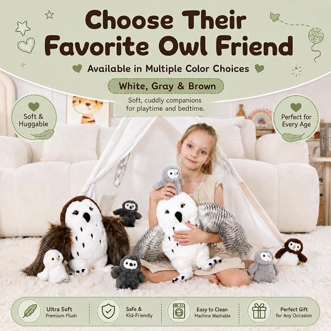 4Pcs Owl Plush Set, Giant Mother Owl Stuffed Animal with 3 Baby Owls Inside, 18" Cute Stuffed Owl for Girls Boys Kids, Soft Owl Plushie Gift for Christmas Birthday Baby Shower, White