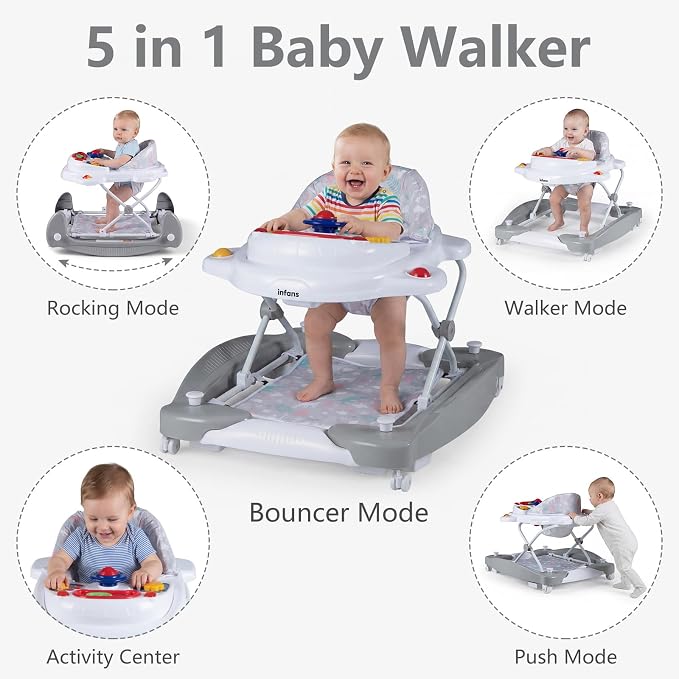 INFANS Baby Walker, 5 in 1 Behind Walker Learning Seated Rocker Bouncer with Removable Music Tray, Adjustable Height, Washable Seat Cushion, Foldable Activity Center for Toddlers (Light Gray)
