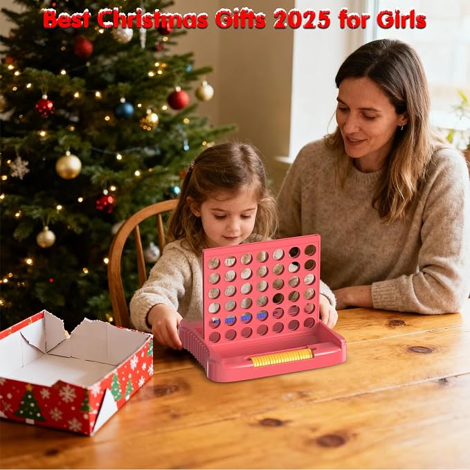 Pup Go 4 in a Row Game, Connect & Win Four in a Row Board Game, Portable 2-Player Strategy Games for Travel, Gift for Girl Age 3 4 5 6 7 8-12, Family Games Foldable Design with 6 Spare Discs Pink