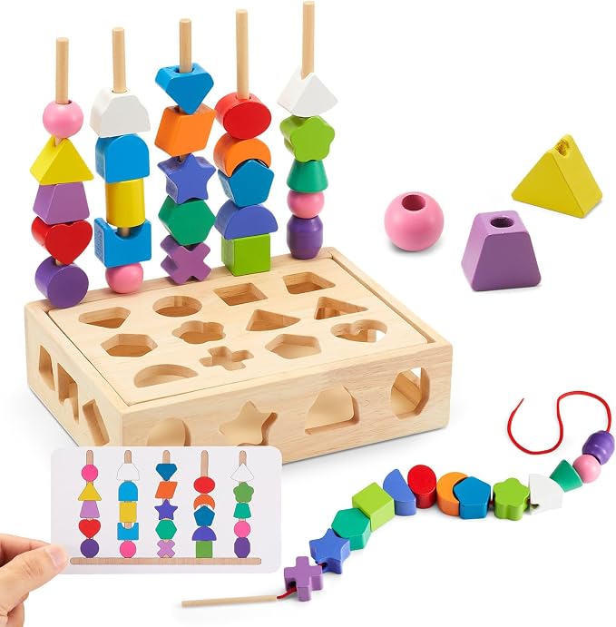 Montessori Wooden Toys, Lacing Beads & Stacking Block & Matching Shape Stacker, Montessori Wooden Beads Sequencing Toy Set, STEM Preschool Learning Toy Birthday Gift for 2 3 4 Year Old Toddler Gifts