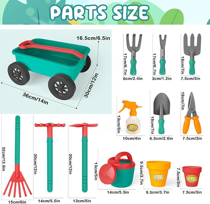 deAO Kids Garden Wagon Wheelbarrow and Gardening Tools Play Set Includes 10 Accessories and 4 Plant Pots,Great Outdoor Toddler Toys Kids Gardening Set