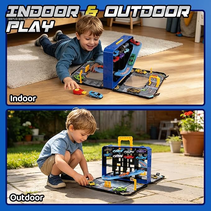 Drefirsa 24 in 1 Race Car Track Set, Toy Cars for Boys Age 3-5 4-7 | 8pcs 1:64 Diecast Vehicle, 2 Launchers, Race Track, Portable Storage Case, Outdoor Indoor Play, Gift for 3 4 5 6 Year Boy