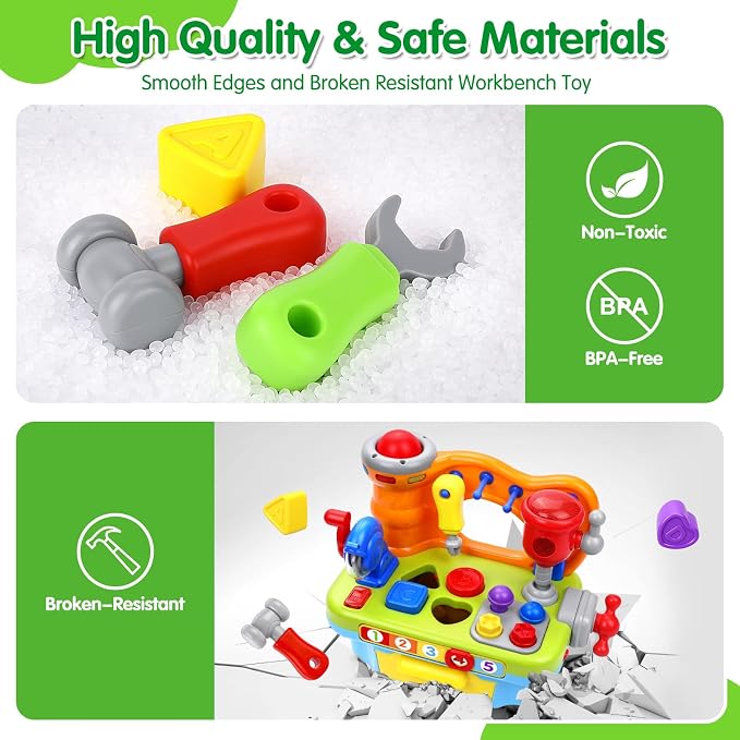 ORWINE Toys for 1 Year Old Boy, Musical Toddler Tool Bench, Montessori Educational Toys with Sound Lights Effect, Shape Sorter, One Year Old Boy Birthday Gift, Engineer Pretend Play Workbench