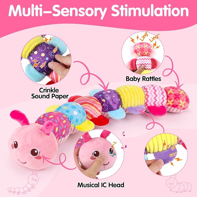 Baby Tummy Time Toy 0-6 Month Musical Stuffed Animal Plush Caterpillar Toy for Infant 6-12 Month Teething Sensory Toy with Crinkle Rattle for Babies 0-3-6 Month Newborn Toys for Boy Girl Birthday Gift