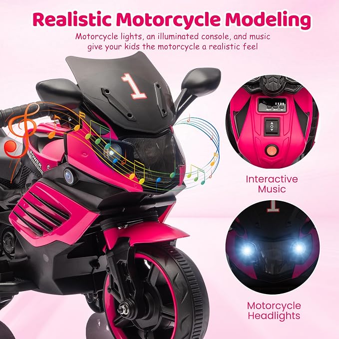 Kids Ride On Motorcycle, 6V Battery Powered Electric Motorcycle, w/Treaded Tires, Horn, Working Headlight, Music, Training Wheels, Stable Ride On Toys for Kids Toddler Boys Girls 3-6, Rosy