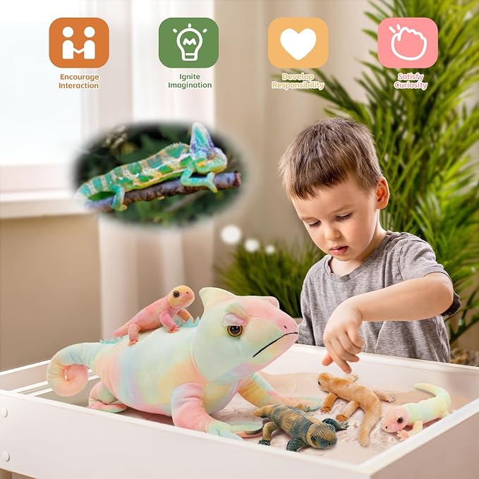 MorisMos 27" Giant Chameleon Stuffed Animal with Babies, 5Pcs Mama & Baby Stuffed Lizard Plush Toys for Kids, Realistic Rainbow Chameleon Plush Toys, Lizard Toys for Jungle Birthday Gift & Room Decor