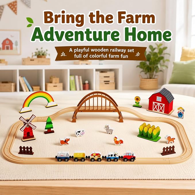 Wooden Farm Train Set,Toddler Toys,Train Set for Toddlers 3-5,Magnetic Train Toys,with Plastic Tracks Compatible with Major Brands Expandable，Sensory Toys for Kids,Ideal Gifts Boys, Girls
