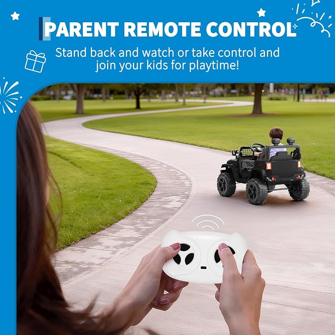 Hetoy 12V Ride on Toys with Parent Remote Control Toddler Electric Vehicle with Spring Suspension, LED Lights, Bluetooth, Music Player, 3 Speeds Ride on Car Truck for Kids Age 3-8 (Black)