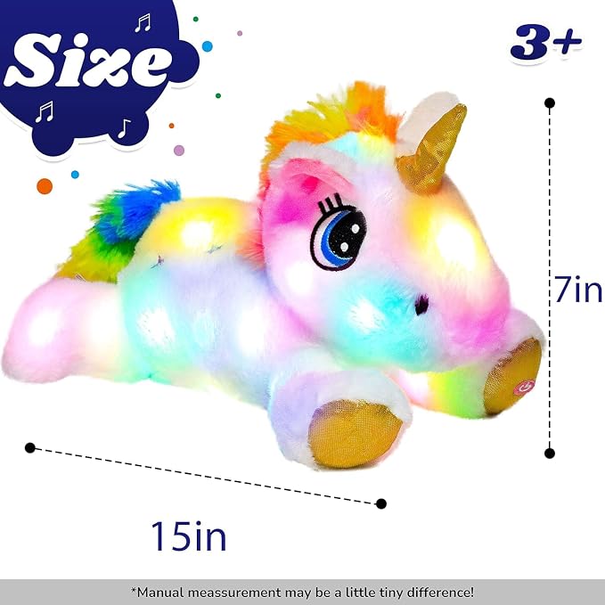 Light-up Plush White Unicorn LED Stuffed Animal Birthday Christmas Plushies Toy Gifts for Kids Toddler Girls, 15"