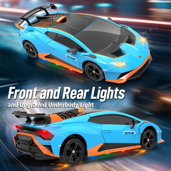 YONCHER RC Drift Car, Remote Control Car for Kids Lamborghini Officially Licensed, 1:24 20KM/H 4WD with Lights, Fast Racing Toy Car for Boys Girls, Blue
